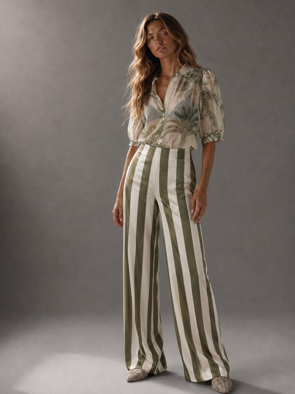 Lucky & Coco Palm Print Sheer Cropped Button Down Top Size S NWT